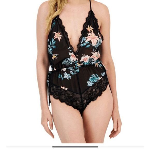INC International Concepts Black Tropical Lace Chiffon Floral Lingerie Bodysuit, - Picture 10 of 10